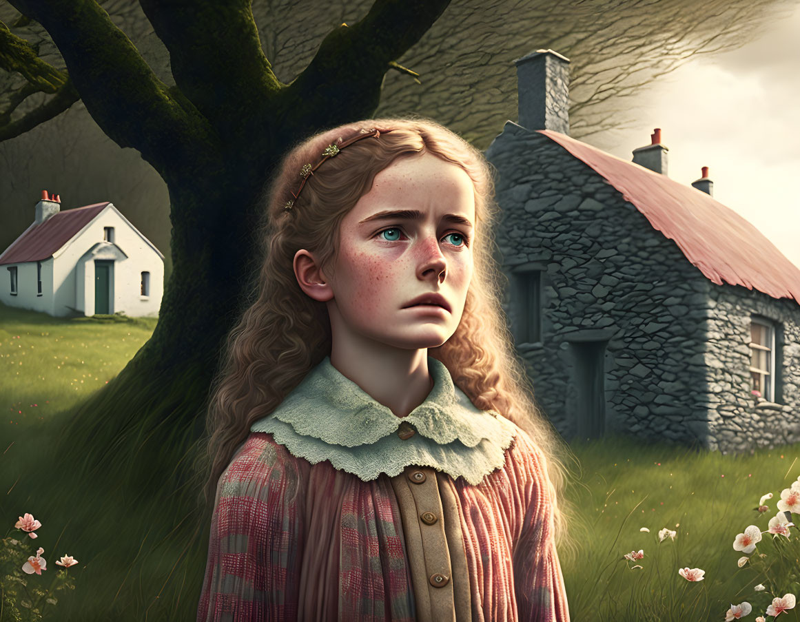 Young girl in pastoral setting with stone houses and large tree, looking pensive.