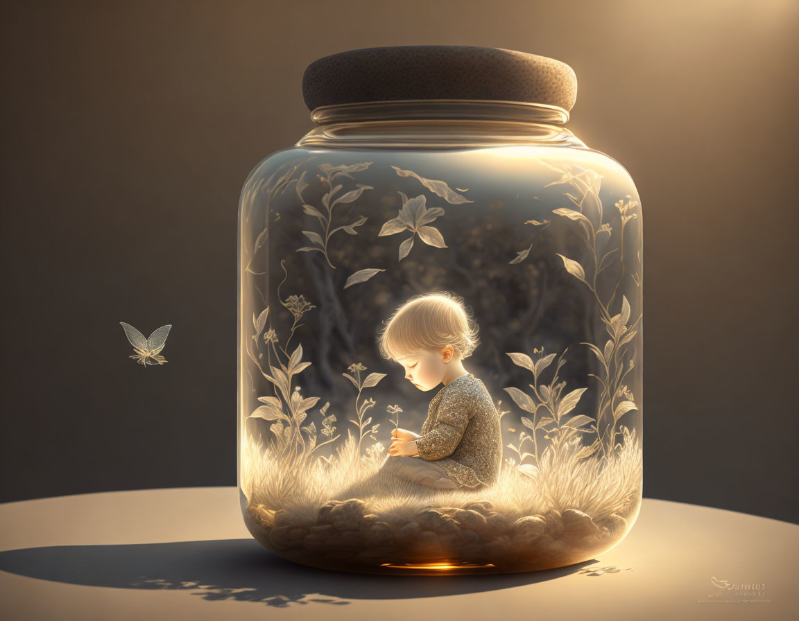 Child in glass jar with plants and butterfly under warm glow