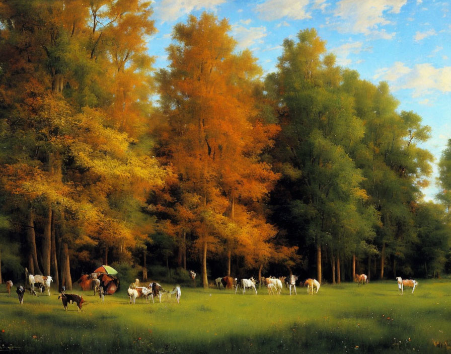 Tranquil landscape: cows grazing in sunlit autumn field