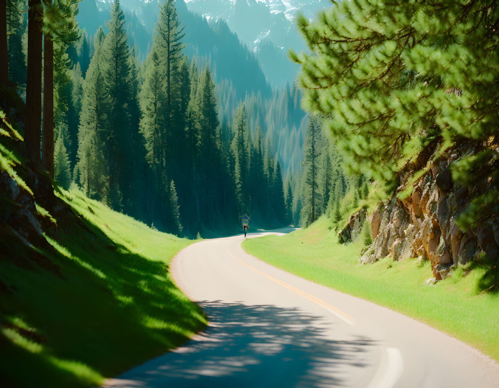 Cyclist on winding road through lush forest and mountains