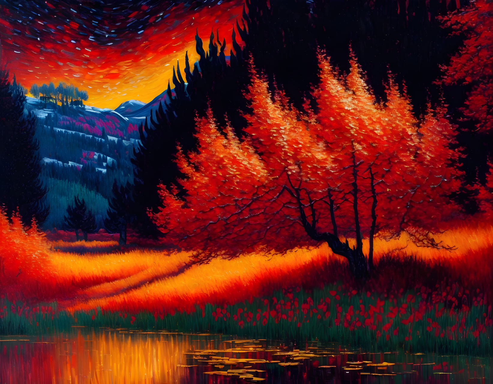 Fiery red-orange foliage landscape with reflective lake