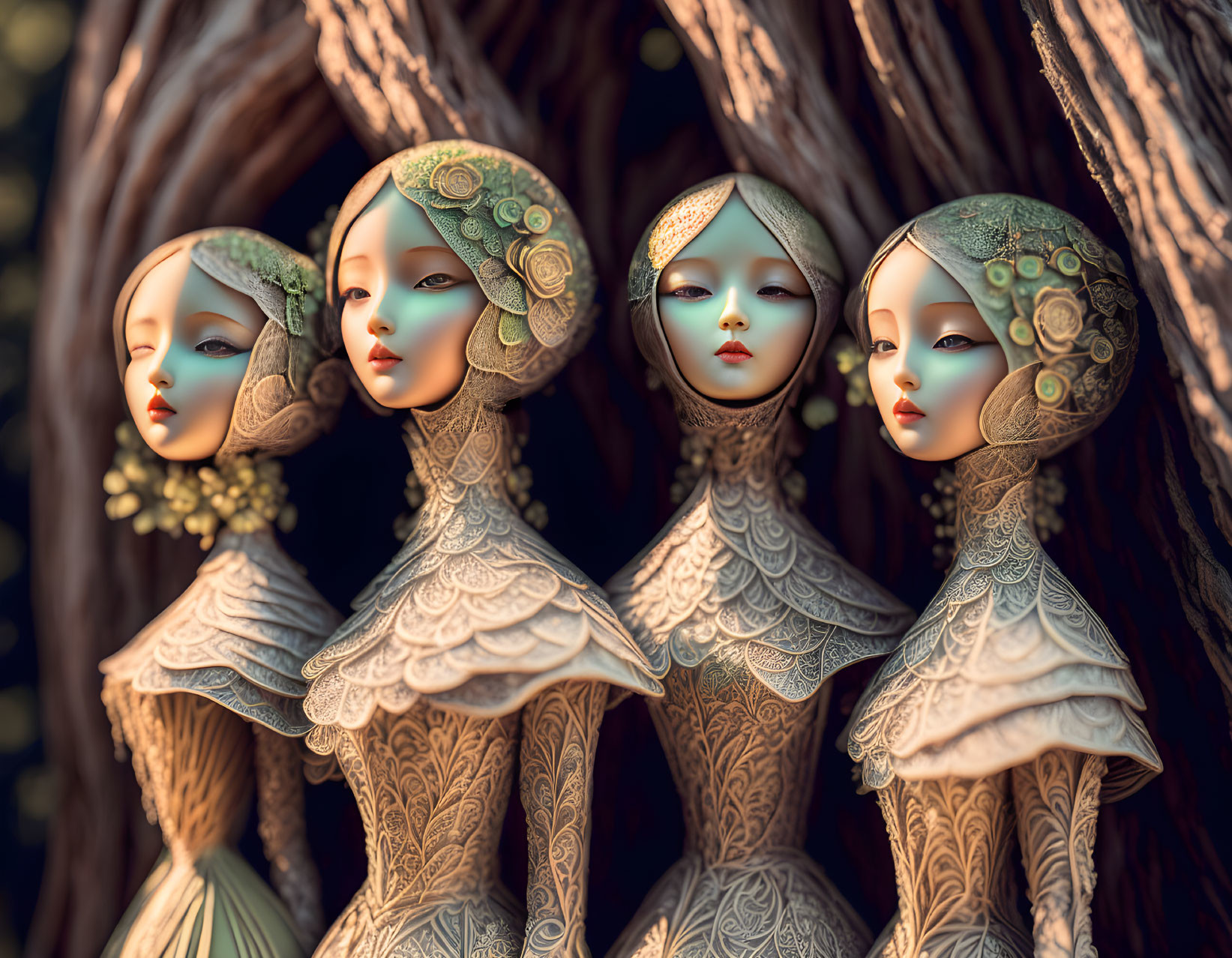 Stylized, melancholic female figures with ornate headdresses in intricate attire against a woody