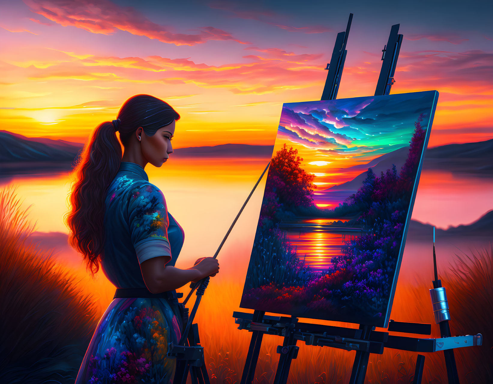 Woman painting vibrant sunset landscape by lake