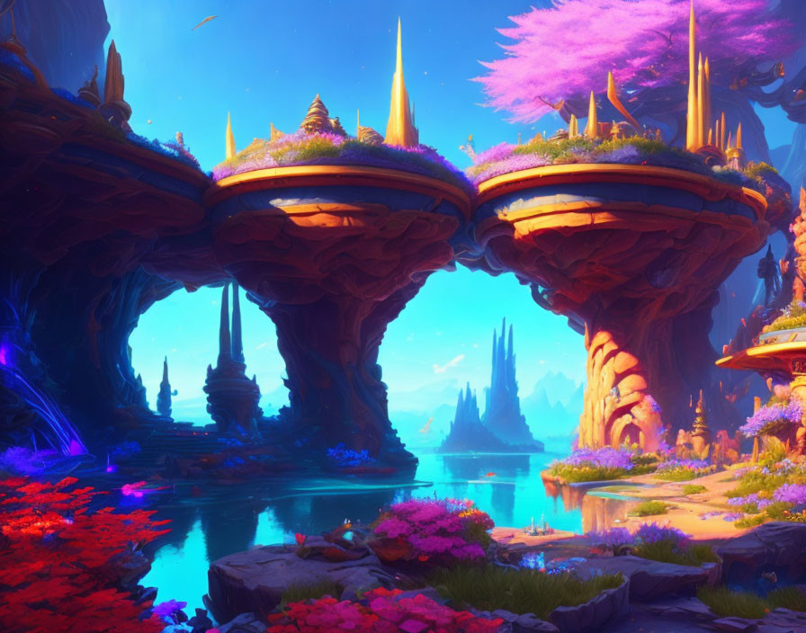 Fantasy landscape with floating islands, pink foliage, and blue river