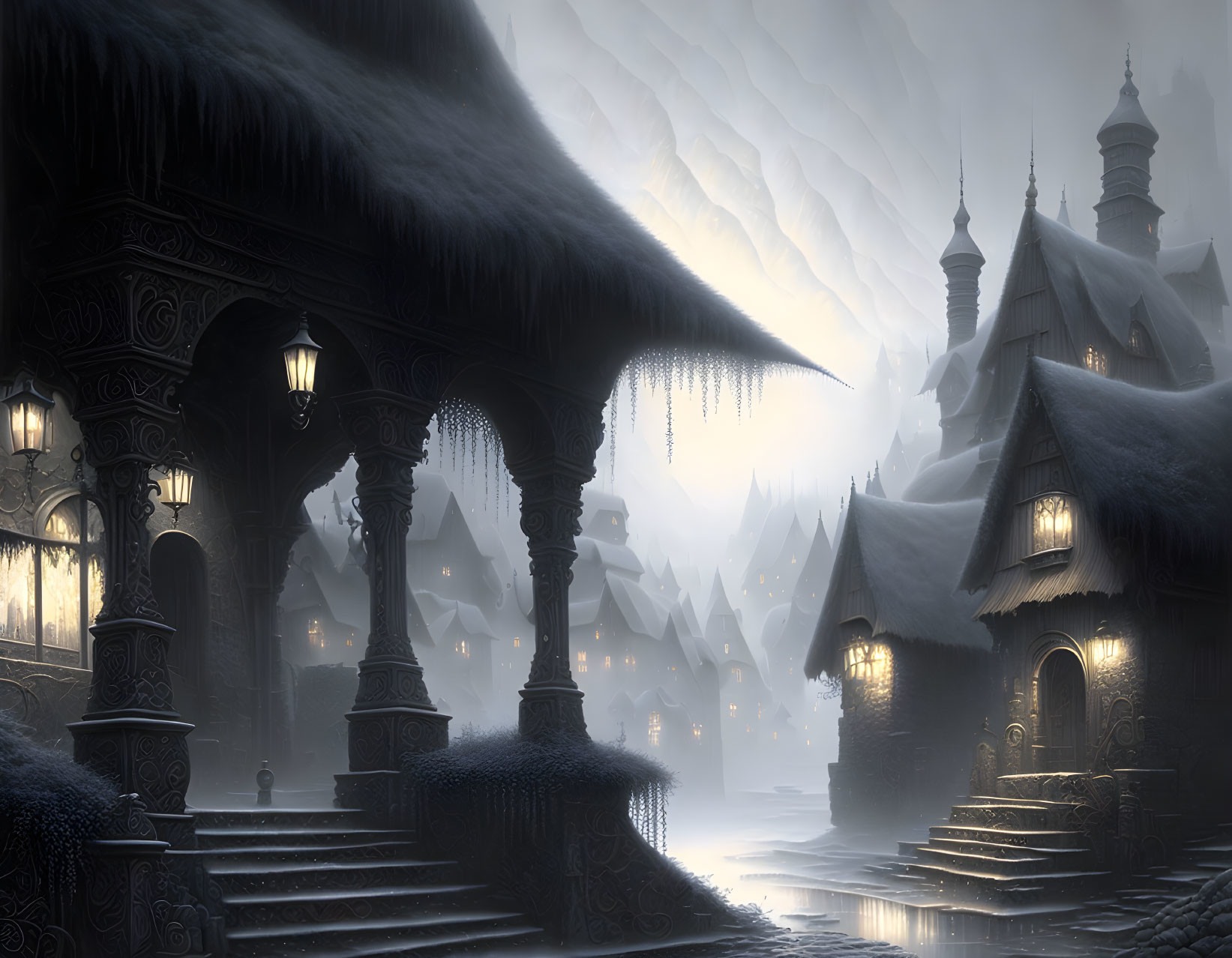 Ornate buildings and glowing lanterns in mystical winter dusk