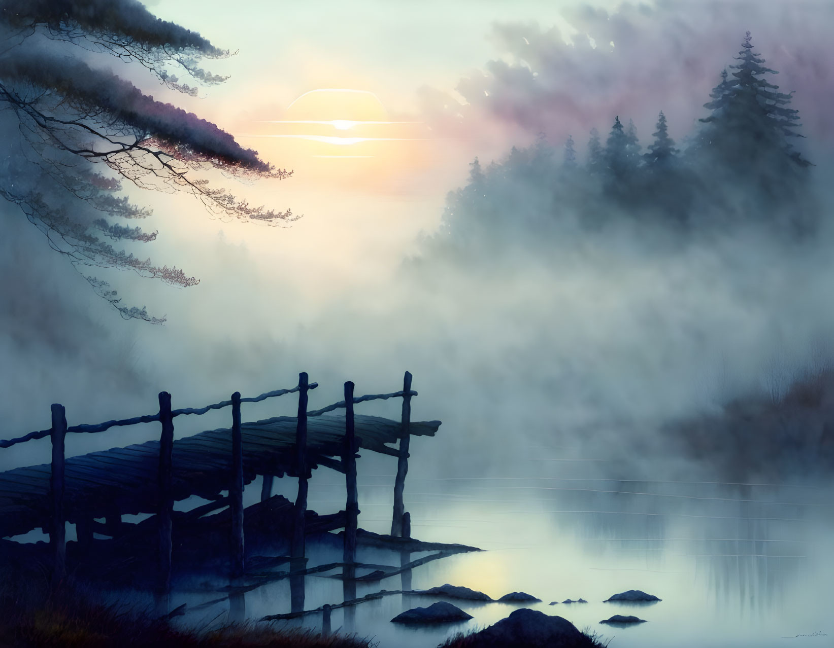 Tranquil sunrise over misty lake with wooden fence