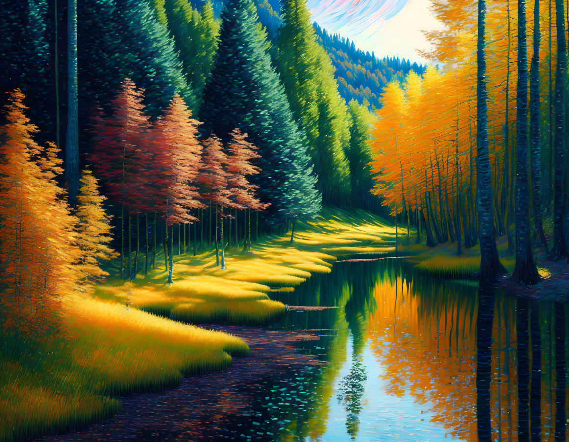 Tranquil Autumn Forest with Colorful Trees and River