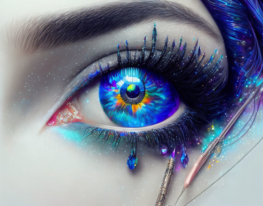 Colorful galaxy-themed makeup on dramatic eye with cosmic patterns