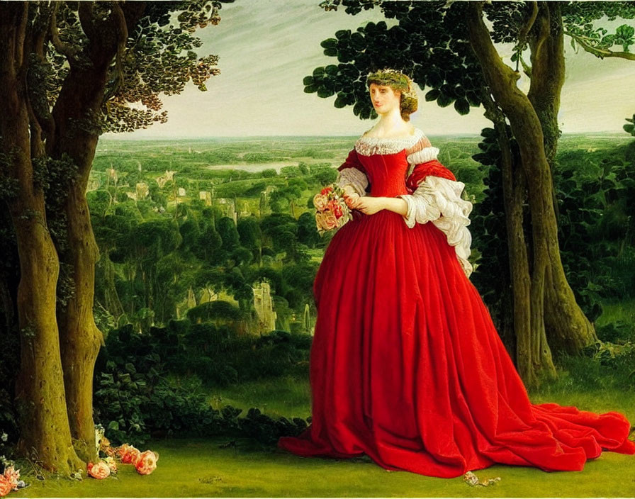 Woman in red dress with white frills in green landscape with flowers and village.