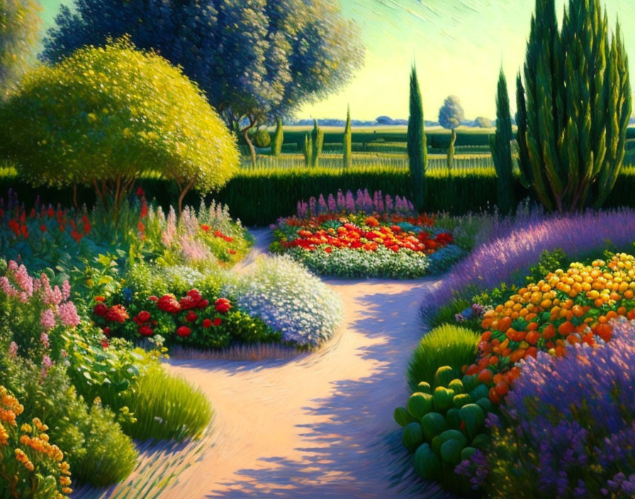 Colorful Flower Garden Path with Red, Purple, and Yellow Flowers