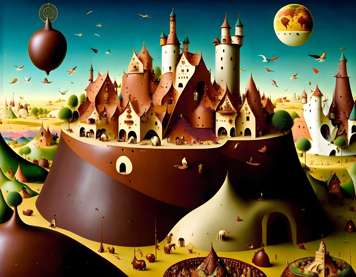 Whimsical castles and rolling hills in surreal landscape