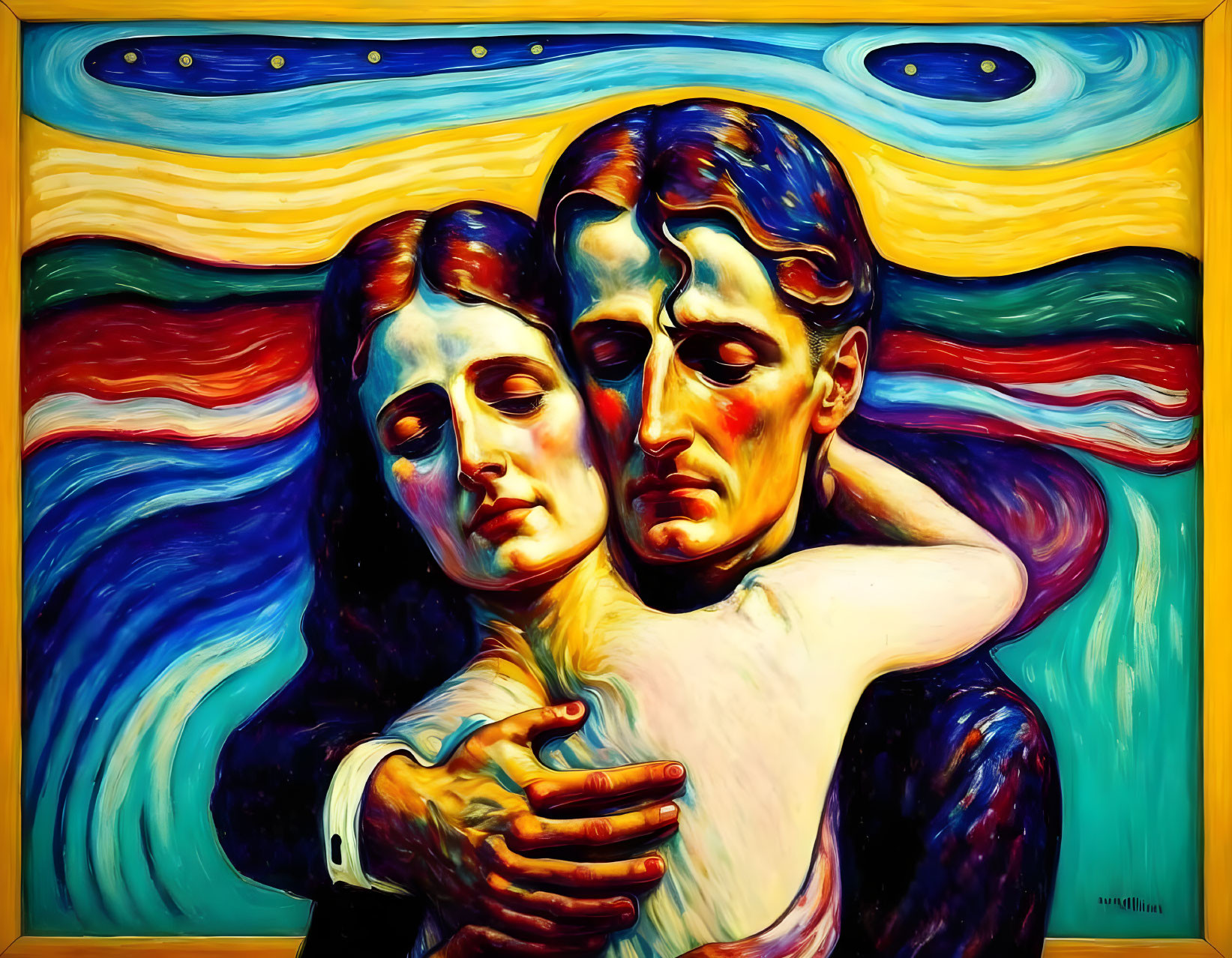 Vibrant painting of embraced figures with swirling background