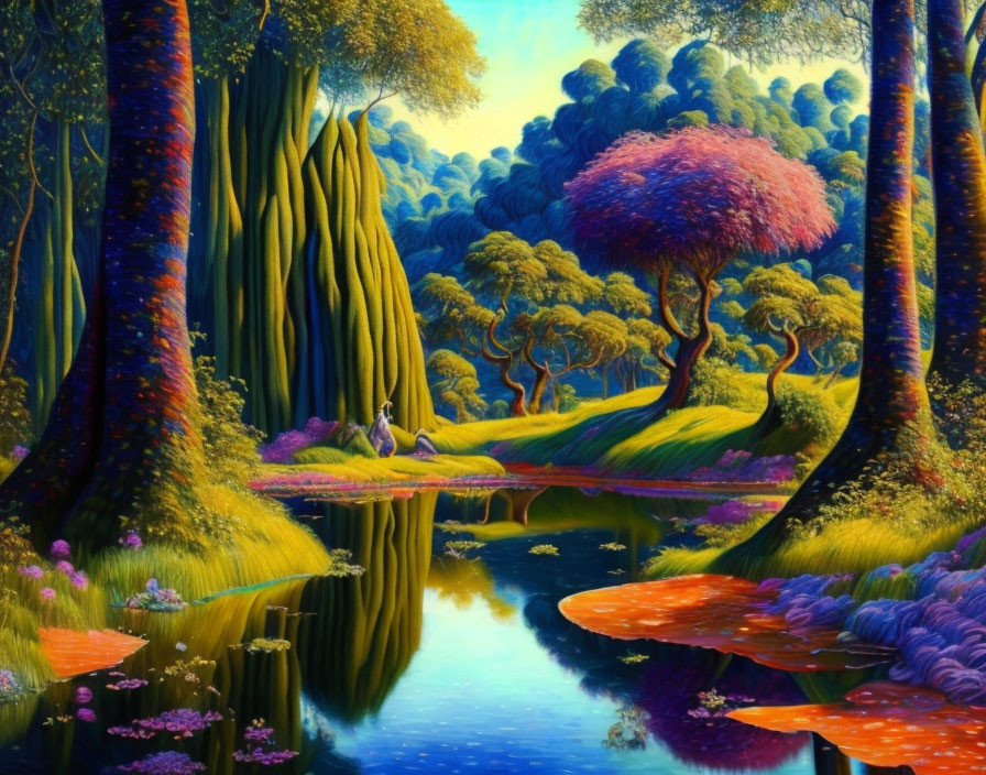 Colorful forest and serene lake in vibrant landscape.