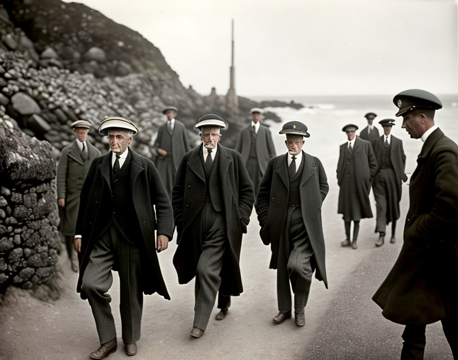 Vintage men walking by rocky shore with lighthouse