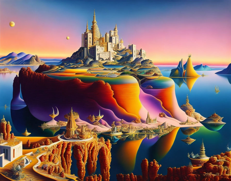 Surreal landscape with vibrant hills, castle, floating islands, and twilight sky