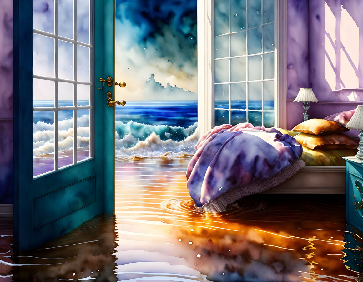 Surreal bedroom with open door showcasing ocean waves, sunset sky, tree silhouette, and scattered pillows