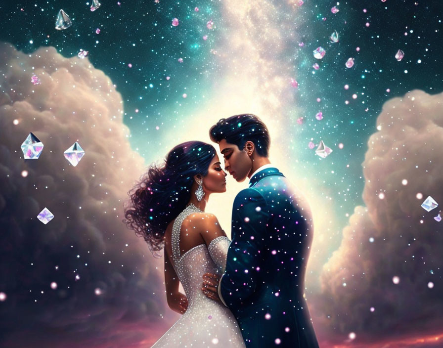 Romantic couple embrace under cosmic sky with floating crystals and clouds