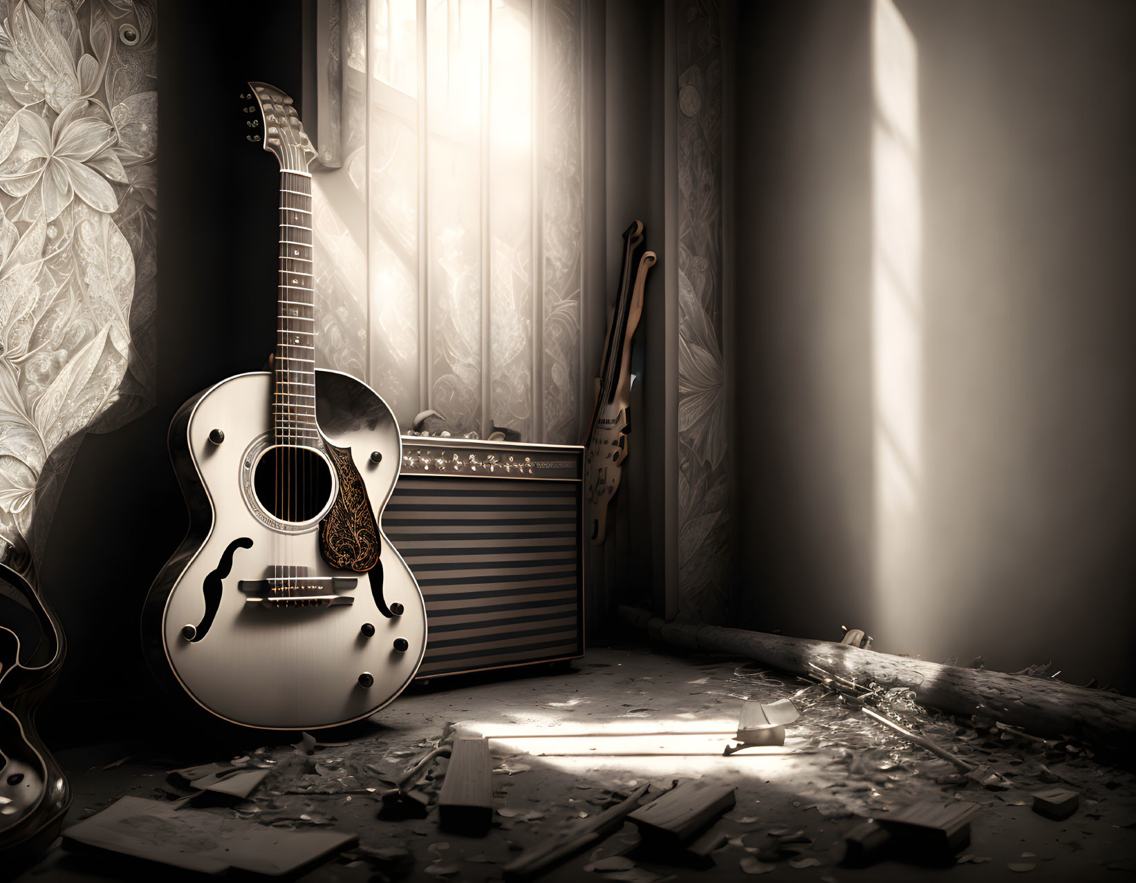 Monochrome acoustic guitar and amplifier in sunlit room