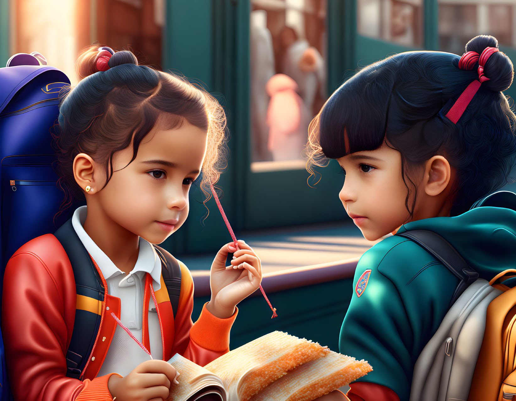 Two girls with backpacks having a conversation at a bus stop.