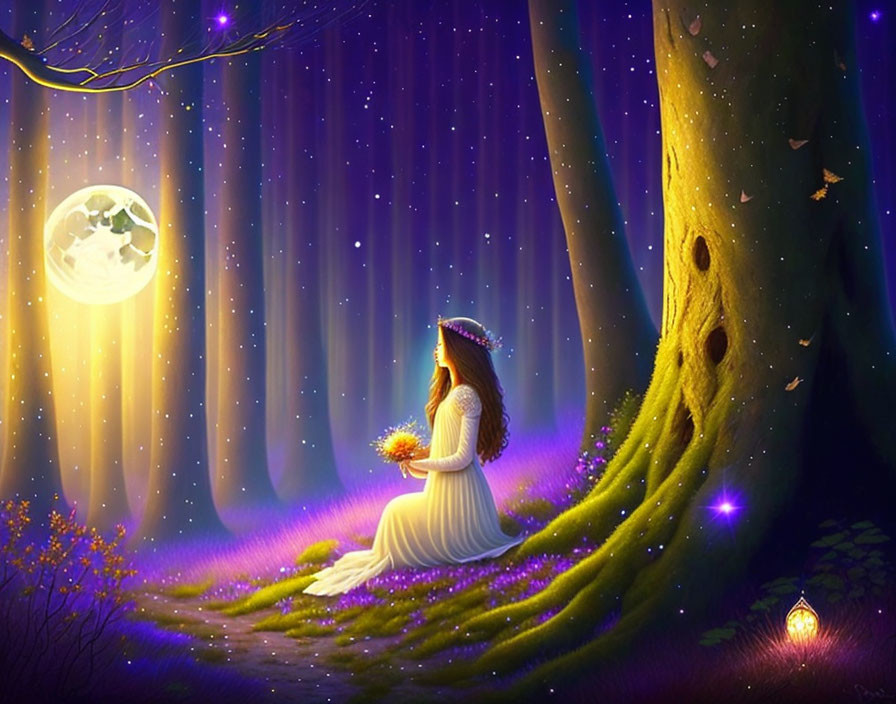 Woman in white dress under glowing moon in enchanted forest