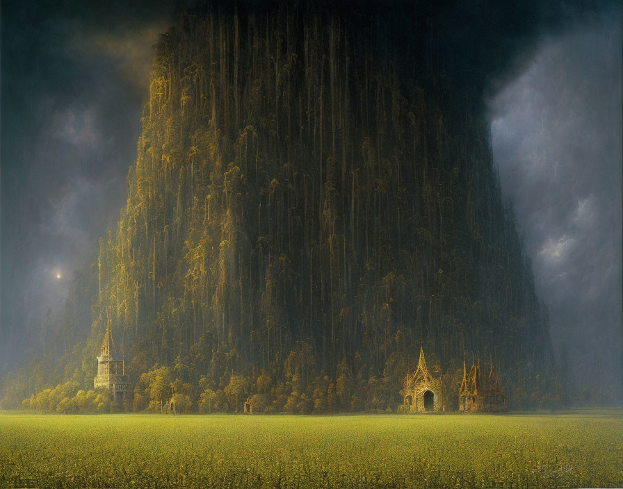 Mystic landscape with towering cliff, ancient structures, and dramatic sky