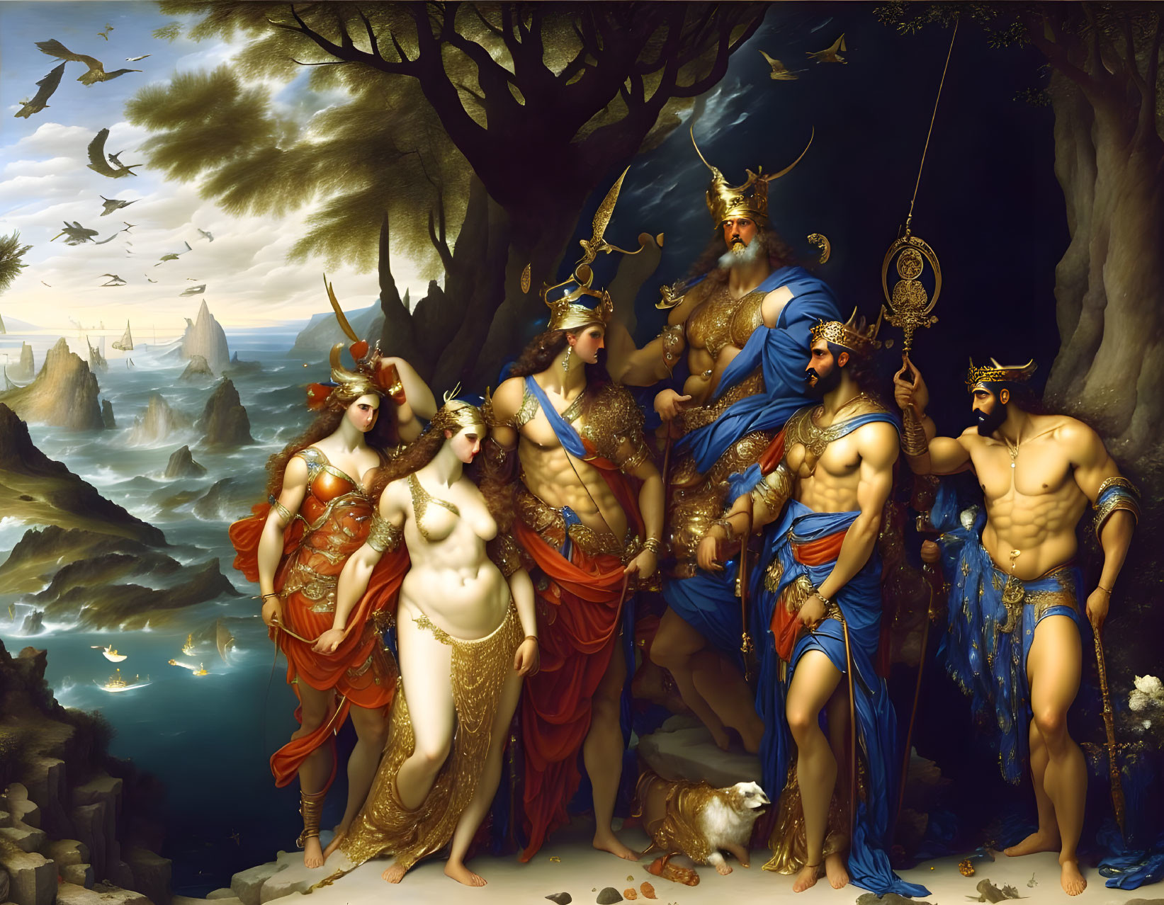 Mythological painting of six figures in classical attire by serene seascape