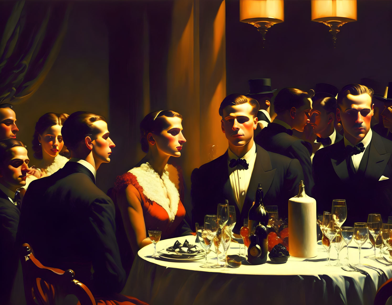 Formally dressed individuals in elegant dinner scene with wine glasses under warm lighting