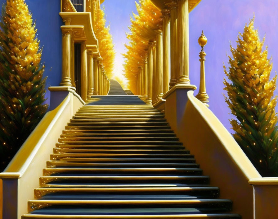 Surreal staircase under blue sky with golden-lit tree structures