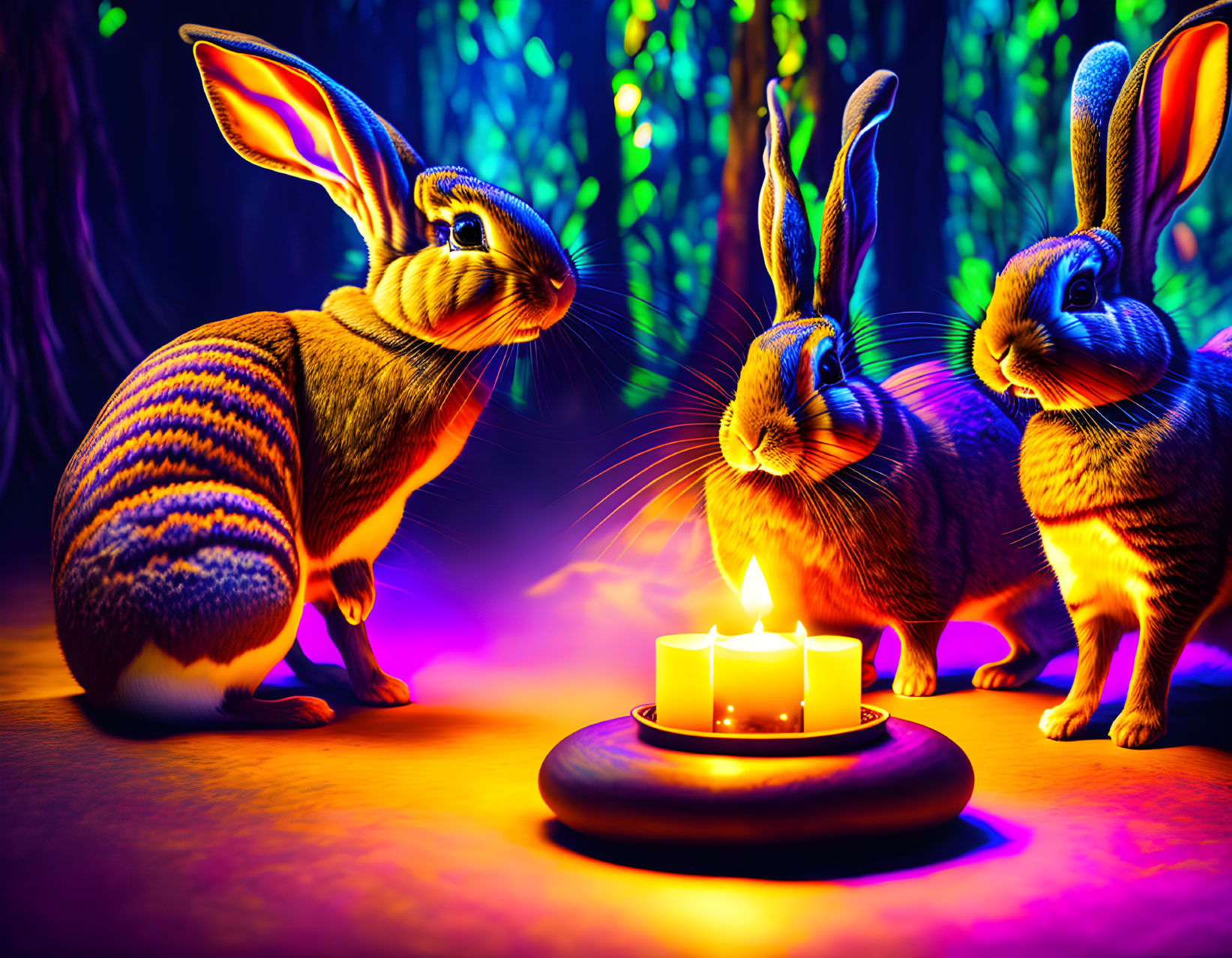 Colorful Rabbits with Illuminated Ears Around Candle in Mystical Forest