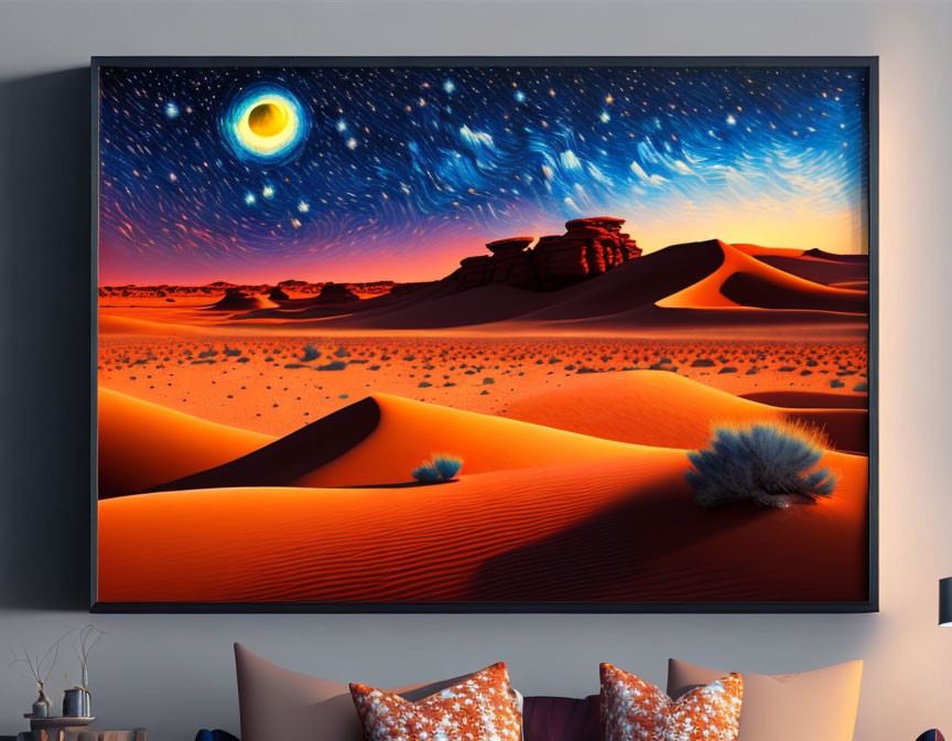 Digital artwork: Desert night scene with moon and stars on wall screen