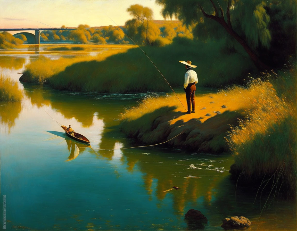 Tranquil riverscape with fishing person and lush greenery