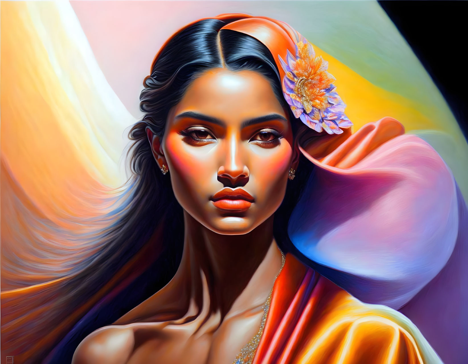 Colorful digital painting of a woman with orange fabric and flower in hair.