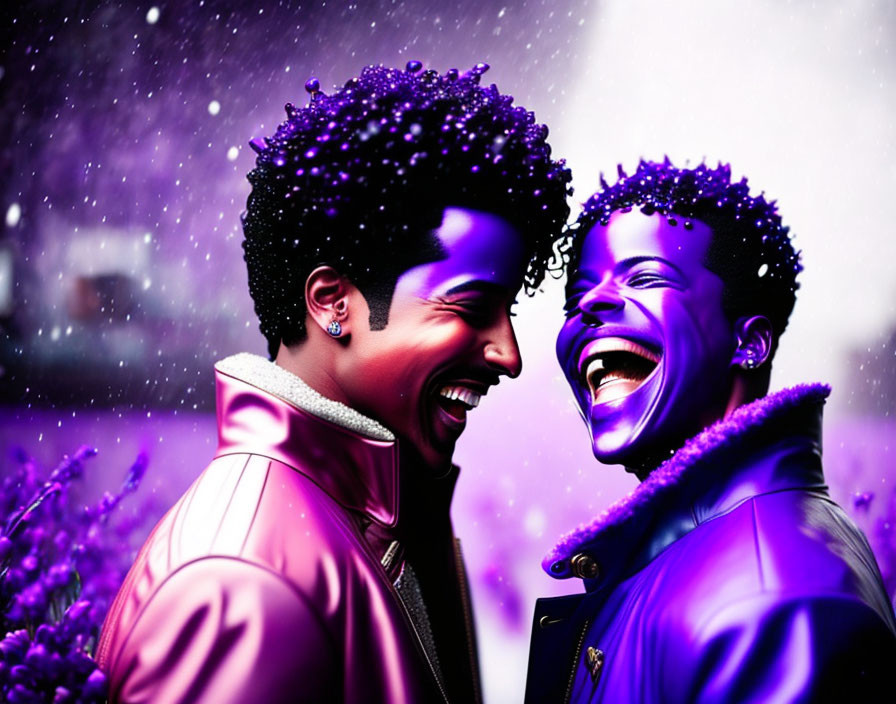 Stylized characters laughing in vibrant purple hues with snowy backdrop