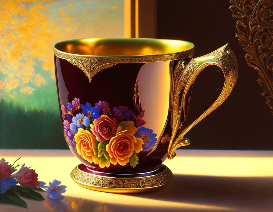 Gold-trimmed maroon teacup with floral designs on table under golden sunset.