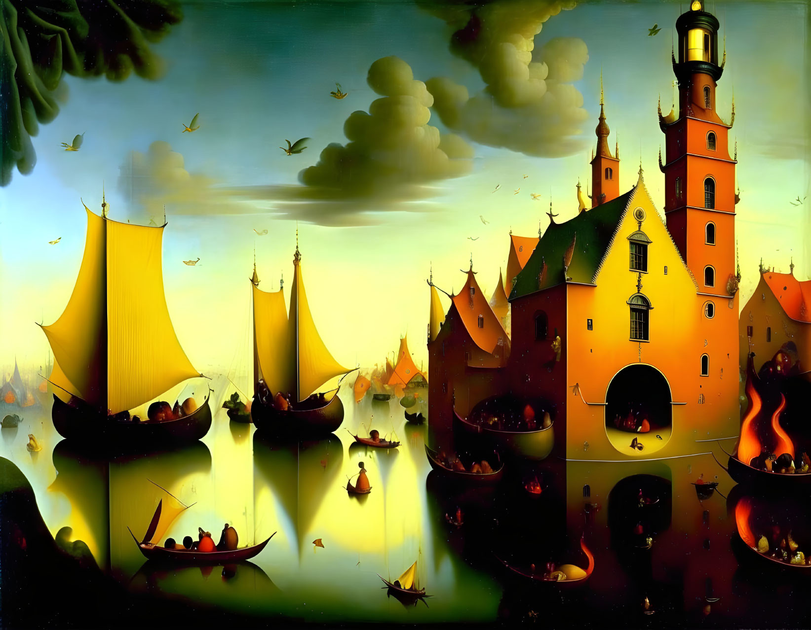 Surreal landscape with flaming castle, boats, figures, eerie sky