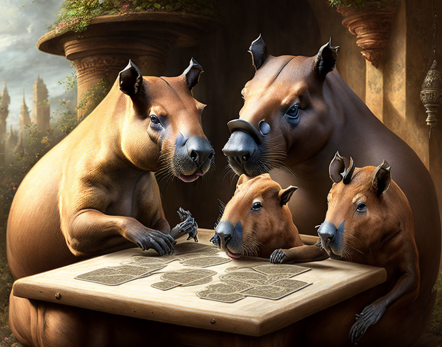 Anthropomorphic capybaras playing cards with birds in fantasy scene