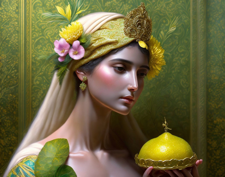 Golden crown adorned woman with lemon and floral motifs on green background