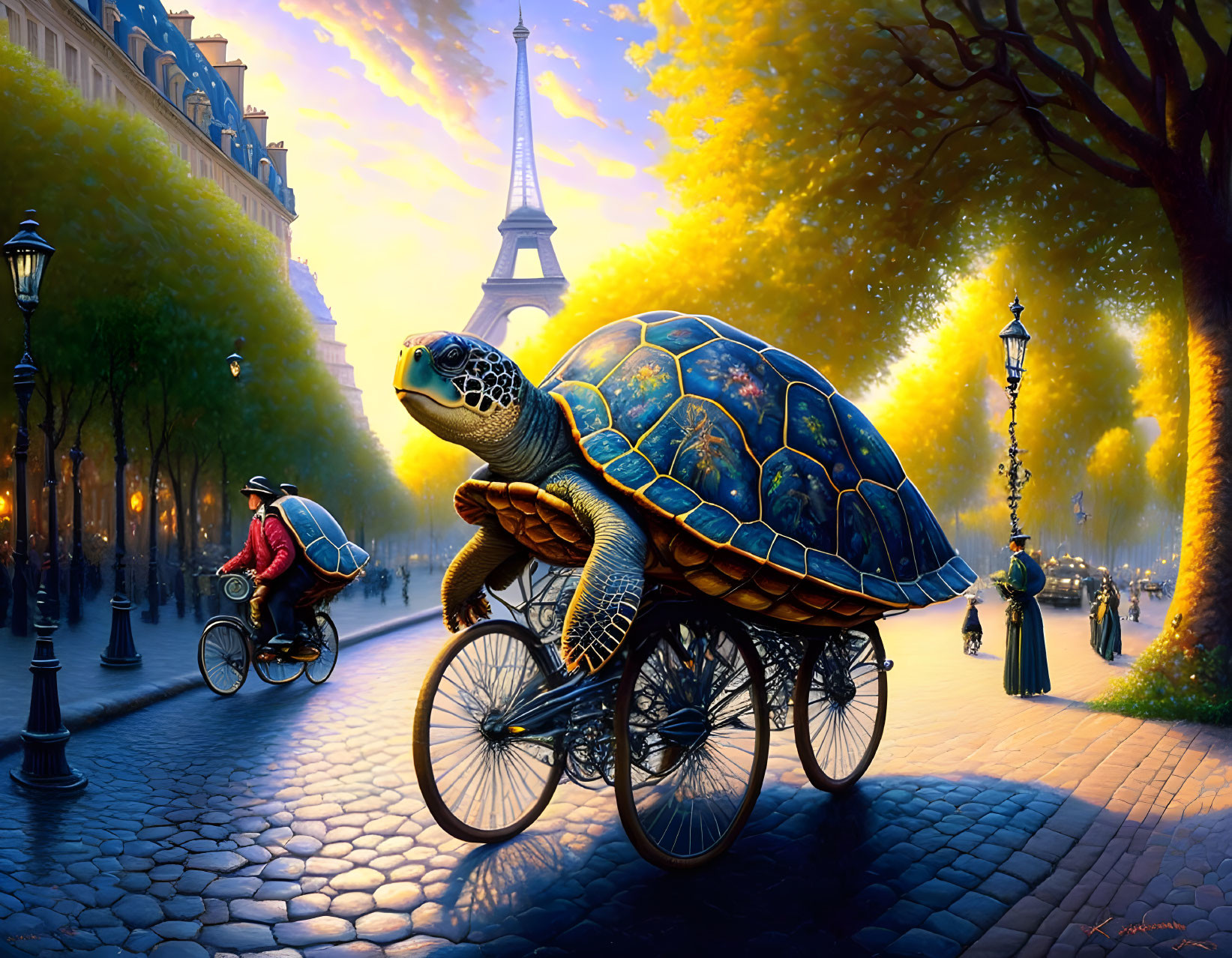 Giant turtle riding ornate bike in Parisian sunset scene