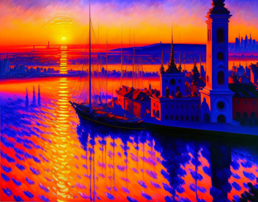 Colorful Sunset Painting Over Coastal Cityscape with Buildings, Sailboat, and Water Reflections