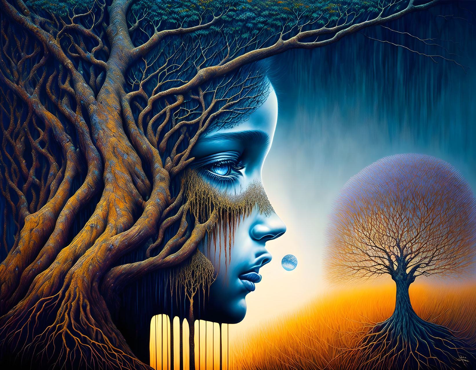 Woman's profile merged with tree elements in vibrant orange and blue hues