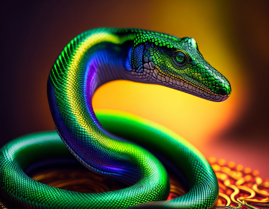 Colorful Digital Art: Snake with Iridescent Scales on Orange Background