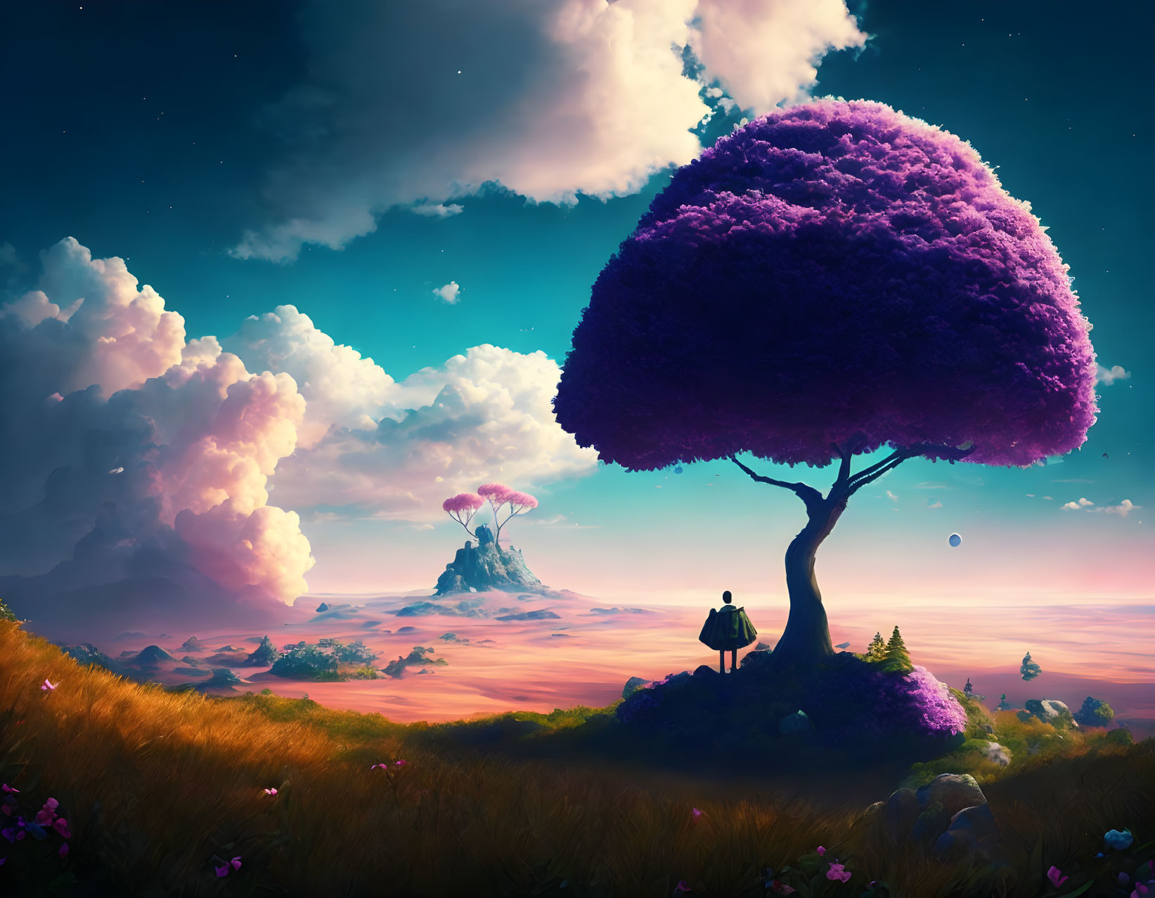 Lonely figure under purple tree in whimsical landscape