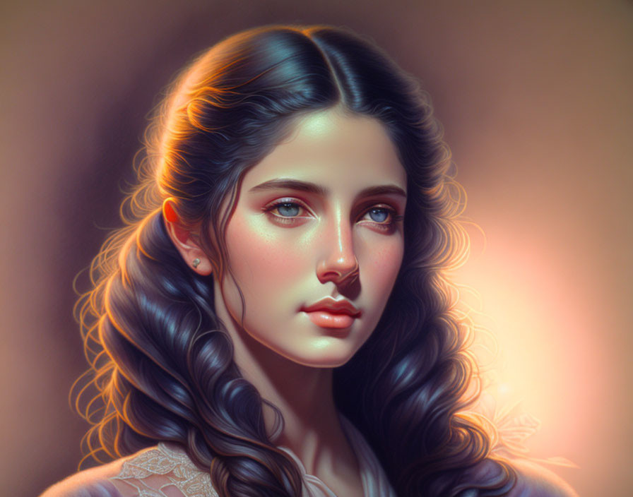 Digital portrait of young woman with wavy hair in serene expression