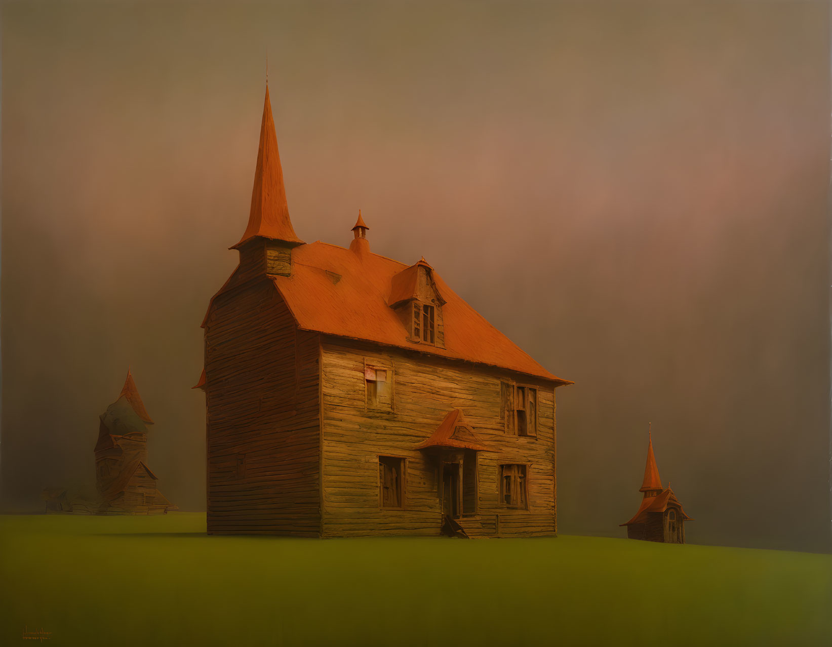 Surreal painting: Weathered wooden house under moody sky