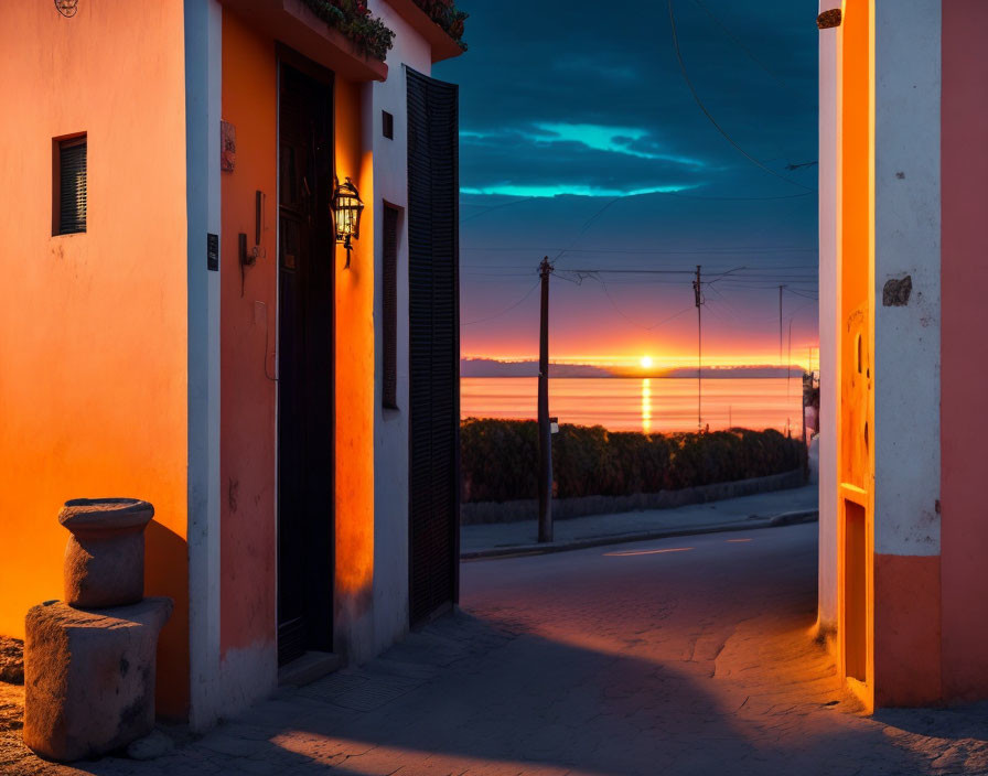 Tranquil sunset view: alleyway, lantern, ocean horizon