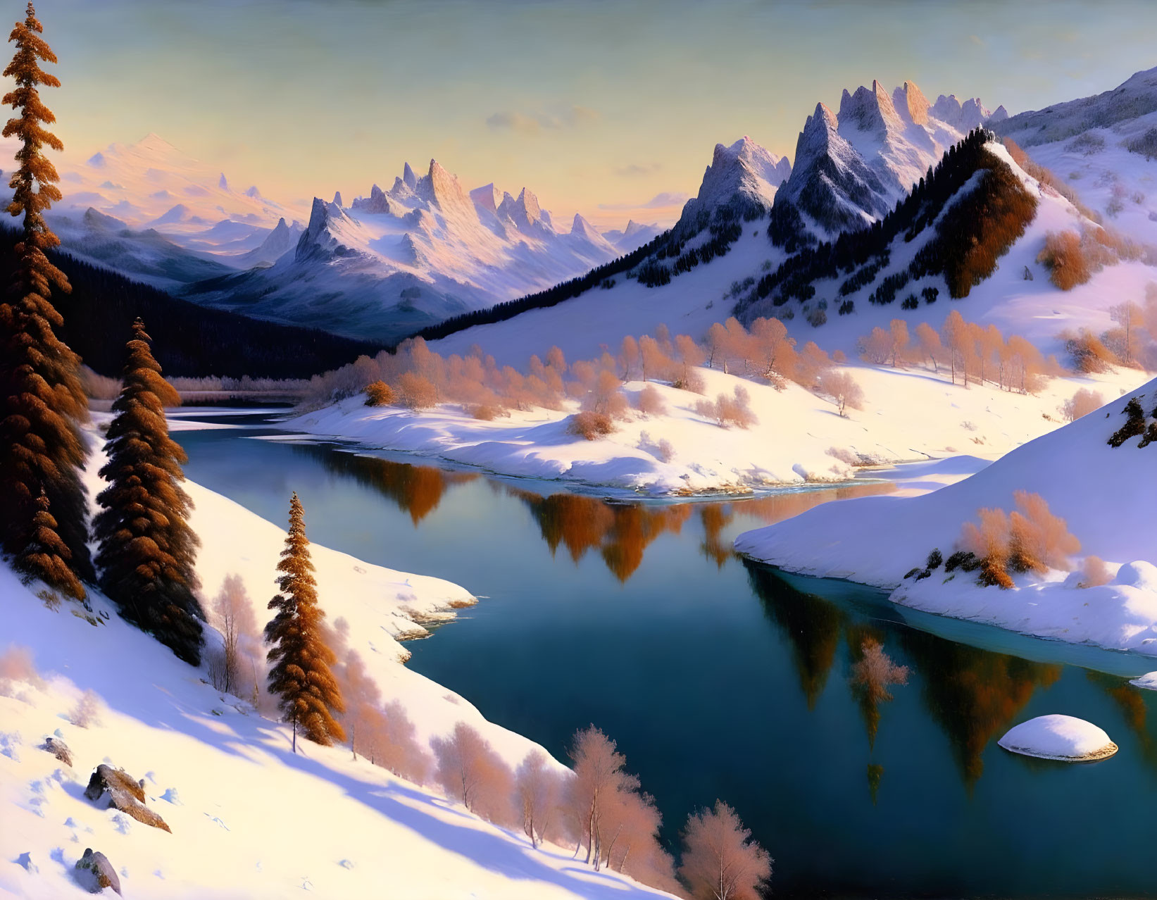 Snow-covered landscape with evergreen trees, serene lake, and setting sun glow