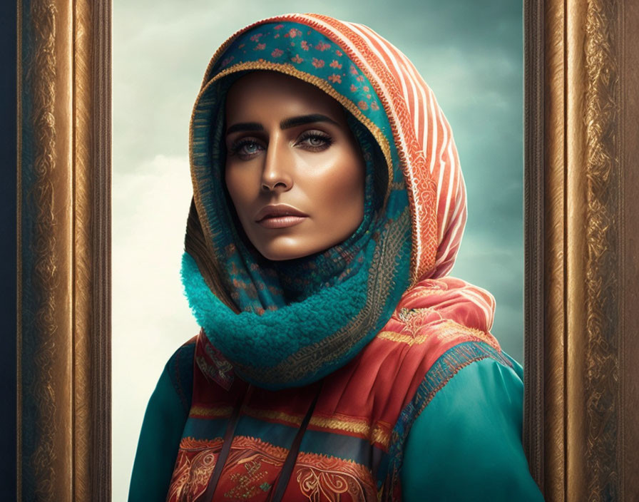 Colorful headscarf woman exudes elegance against muted sky.