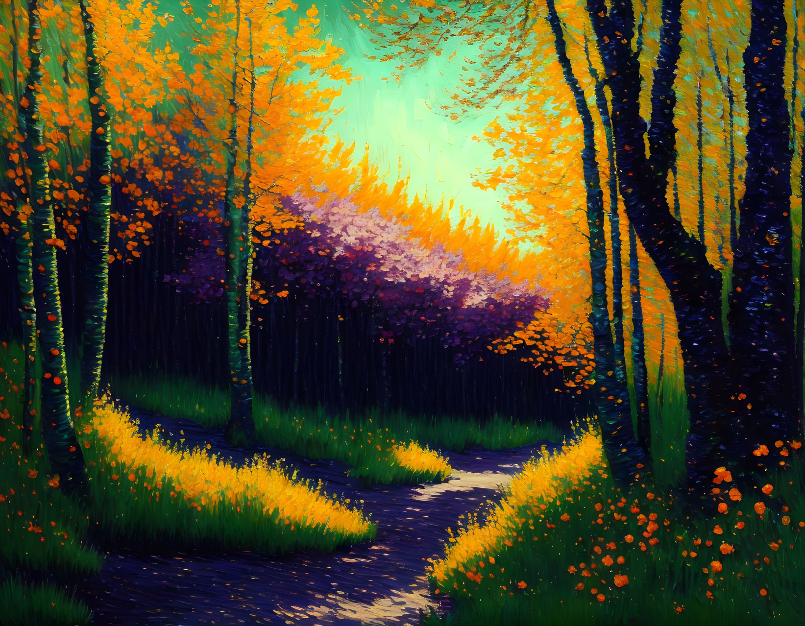 Colorful forest path painting with autumn foliage under teal sky