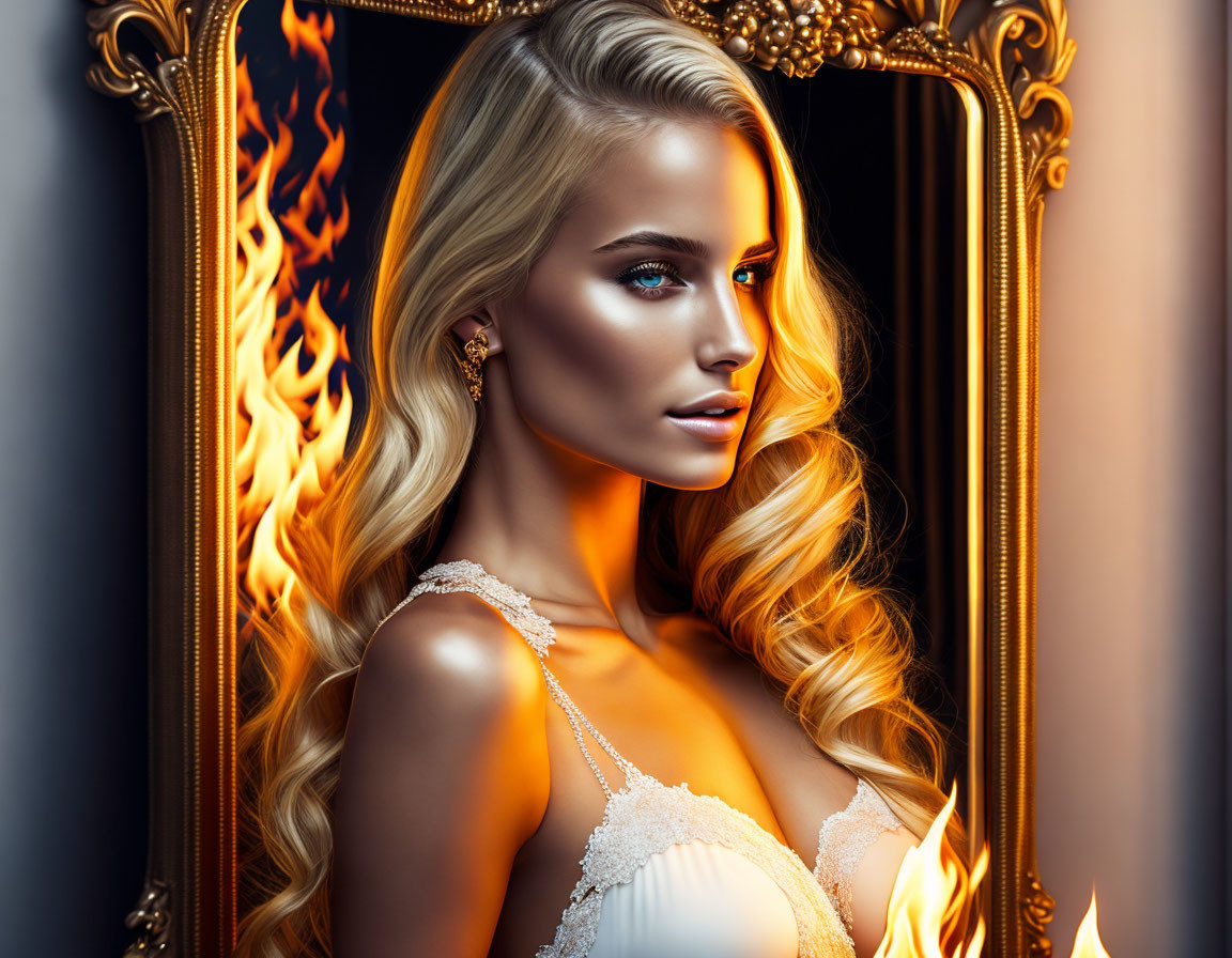 Blonde woman with makeup framed by fiery mirror.