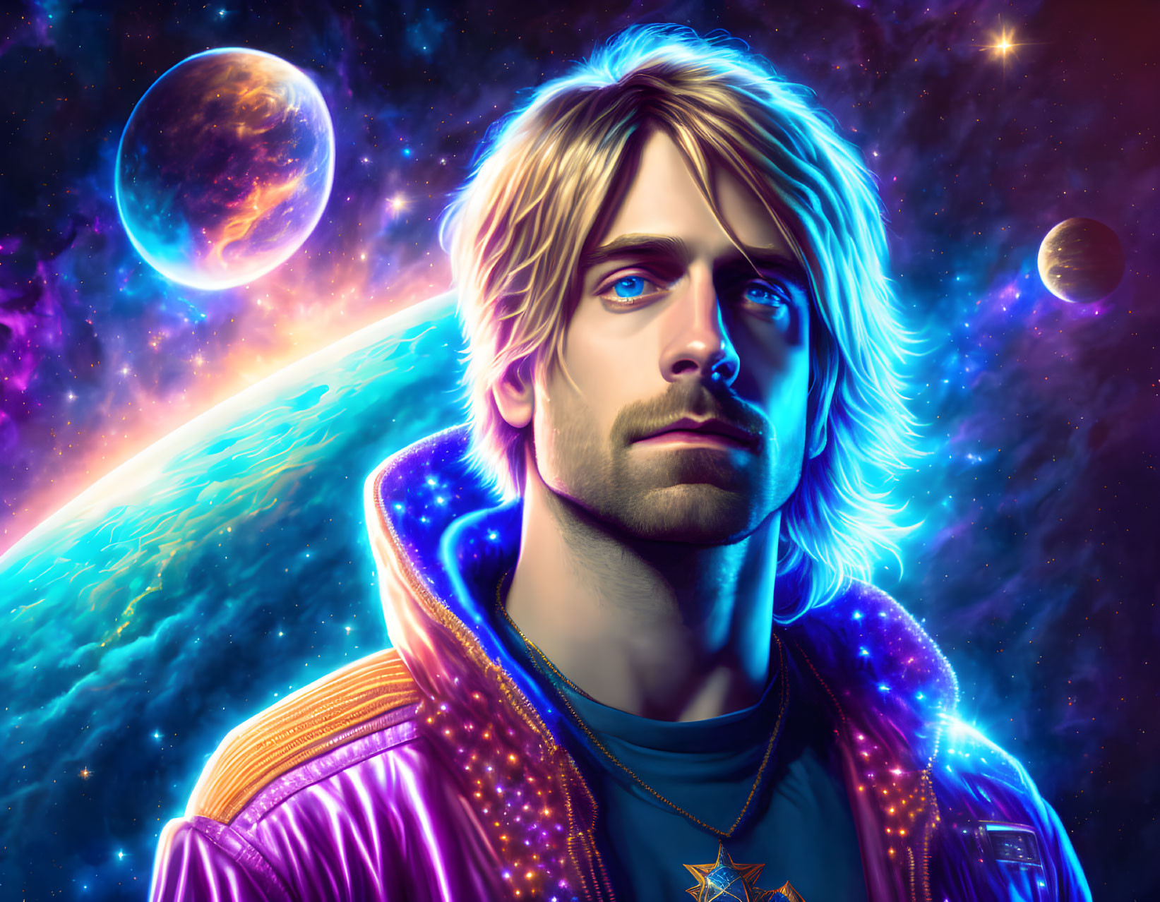 Digital Artwork: Man with Blue Eyes and Blonde Hair in Cosmic Setting